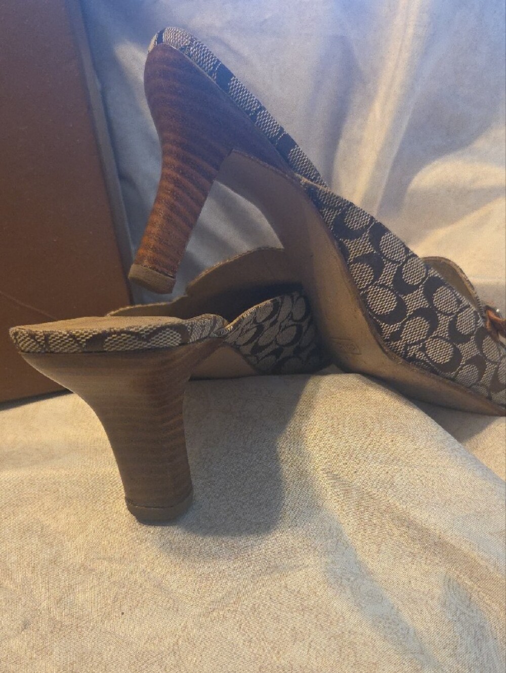 Coach Brown Signature Monogram Slip-On Mules with Tan Strap - Picture 3 of 5